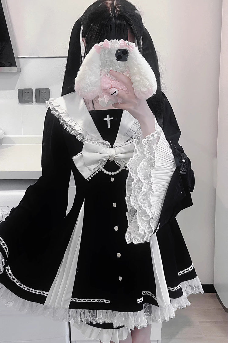 Dark Night Prayer Square Collar Long Sleeve Bow Lace Pearl Sweet Jirai Kei Dress and Shorts Set
