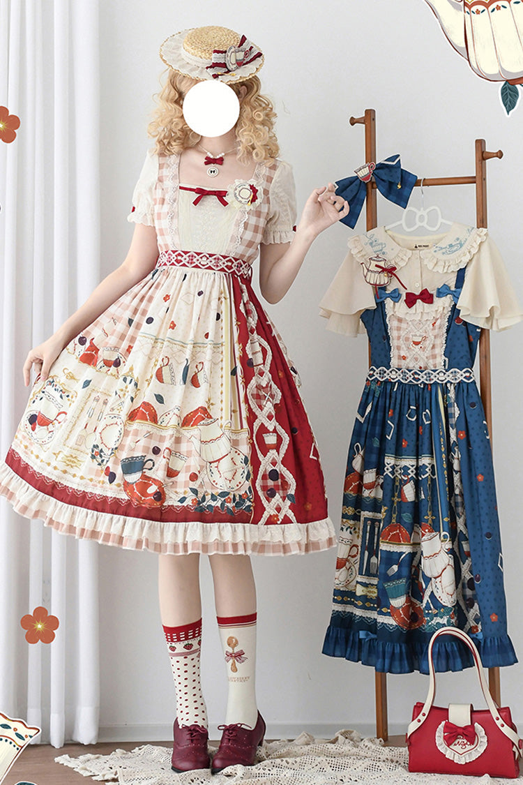 Crimson Tea Party Short Sleeve Printed Ruffled Bow Lace Sweet Elegant Lolita Gown