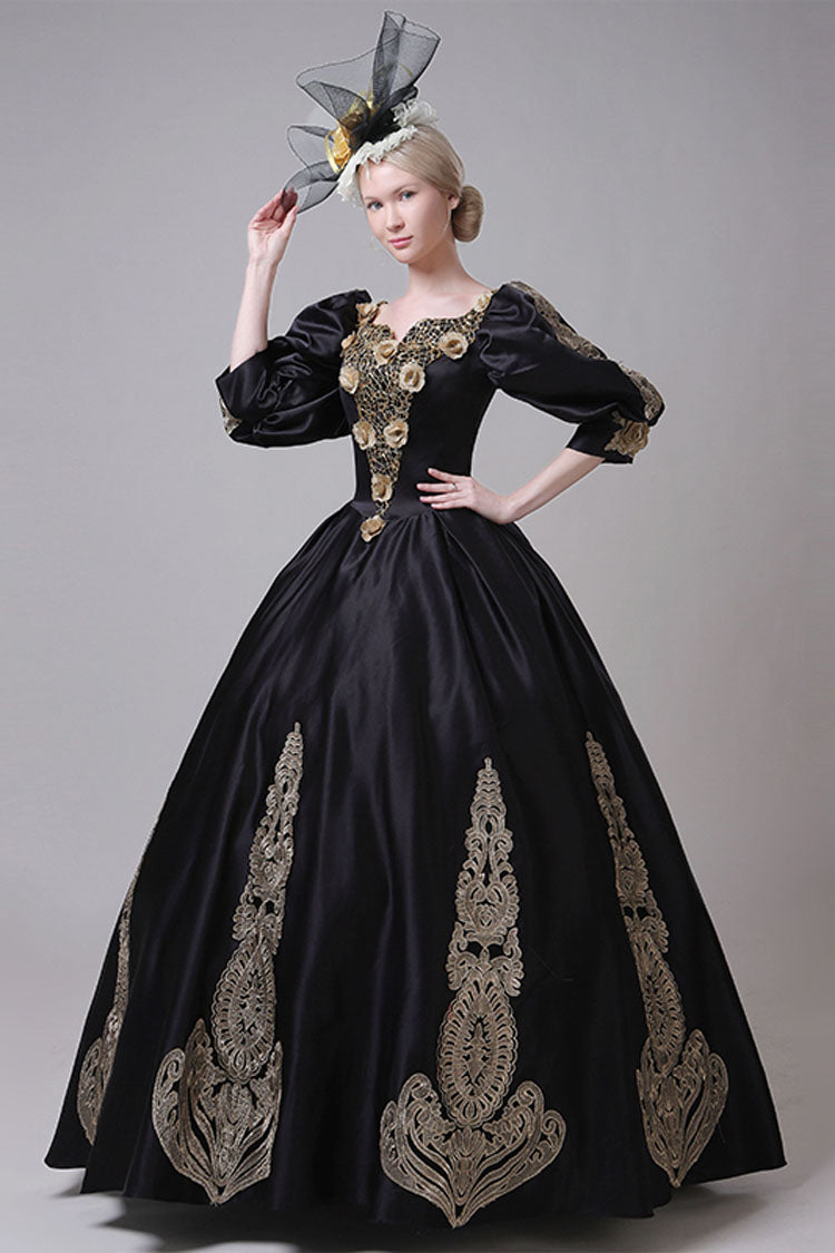Golden Floral Hollow Print Victorian Gown - Boat Neck Half Sleeves
