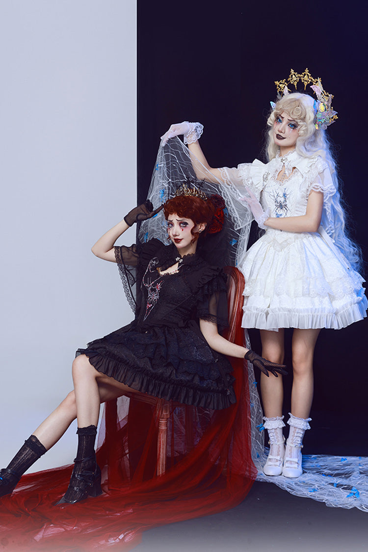 White Sleeveless Gothic Lace Skirt Set with Spider Bow