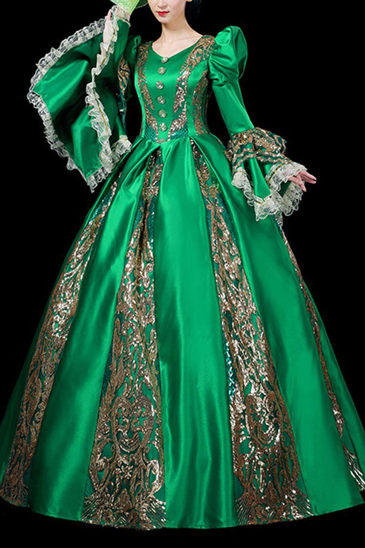 Golden Hollow Print Victorian Gown - Trumpet Long Sleeves