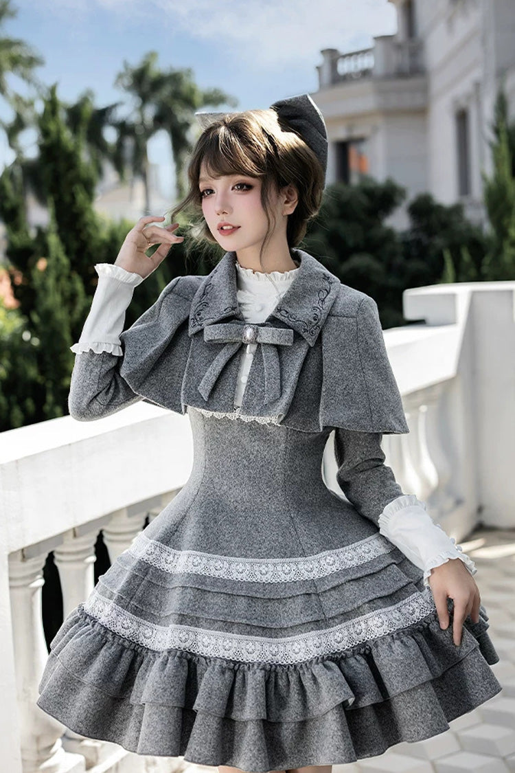 Ash Stand-Collar Ruffled Bow Lolita Gown with Poetry Motif