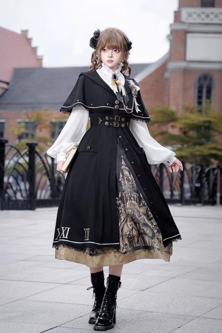 Long Sleeves Printed Embroidered College Style Gothic Vintage Lolita Dress Three-Piece Set - Dragon’s Aria