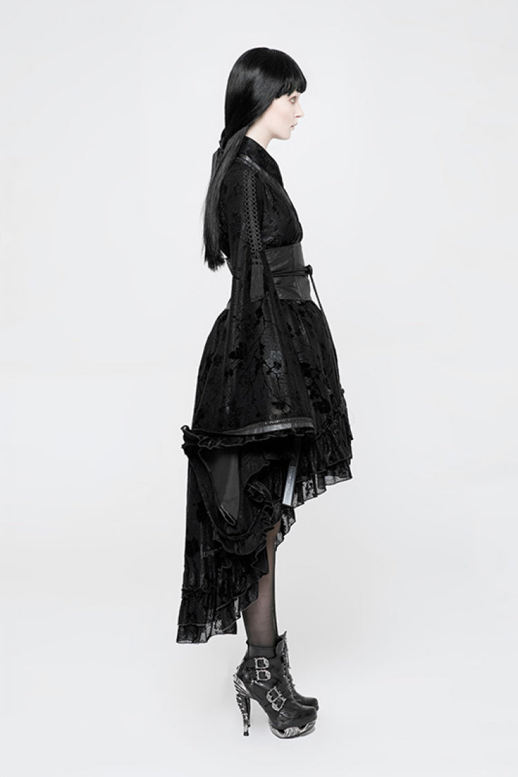 Black Long Sleeves Printed Ruffle Gothic Kimono Dress