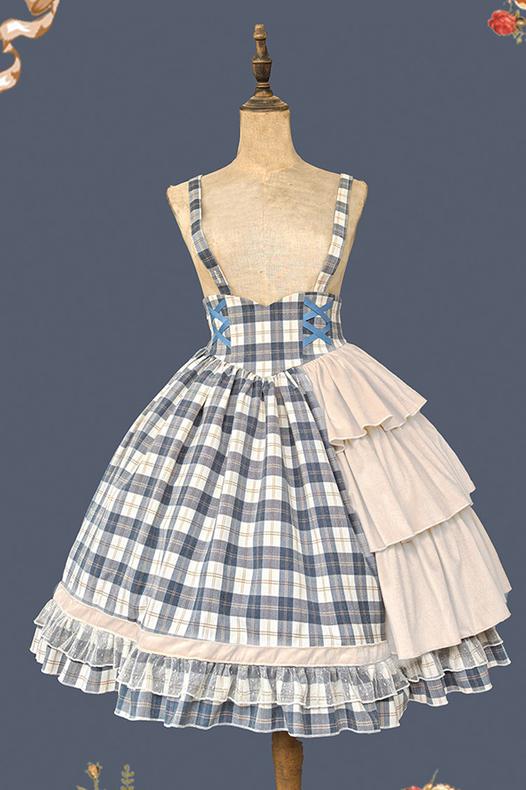 Sweet Lolita Strap Dress with Asymmetric Ruffle, High Waist, Grey/Blue Morning Tune