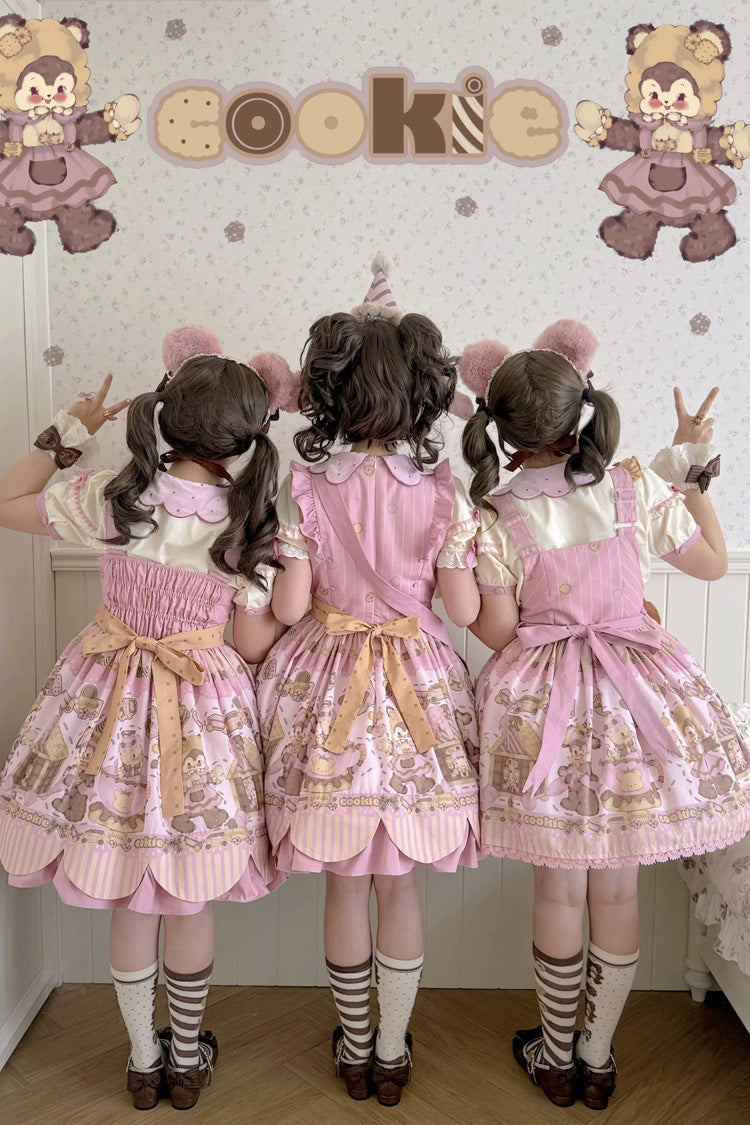 Teddy Bear Cookie Dessert Print Dress with Bow & Ruffles