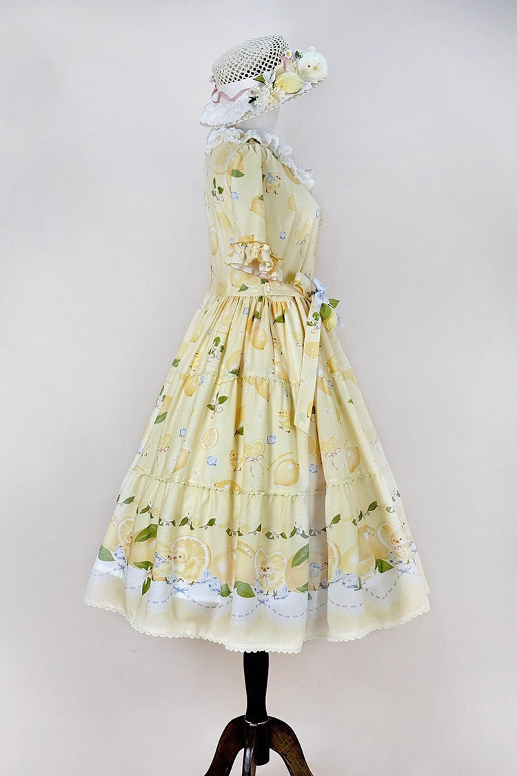 Lemon Chicken Print Short Sleeve Ruffled Bow Lace Daily Sweet Lolita Dress - Yellow