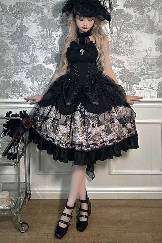 Black Halterneck Print Bowknot Drawstring Gothic Lolita Dress