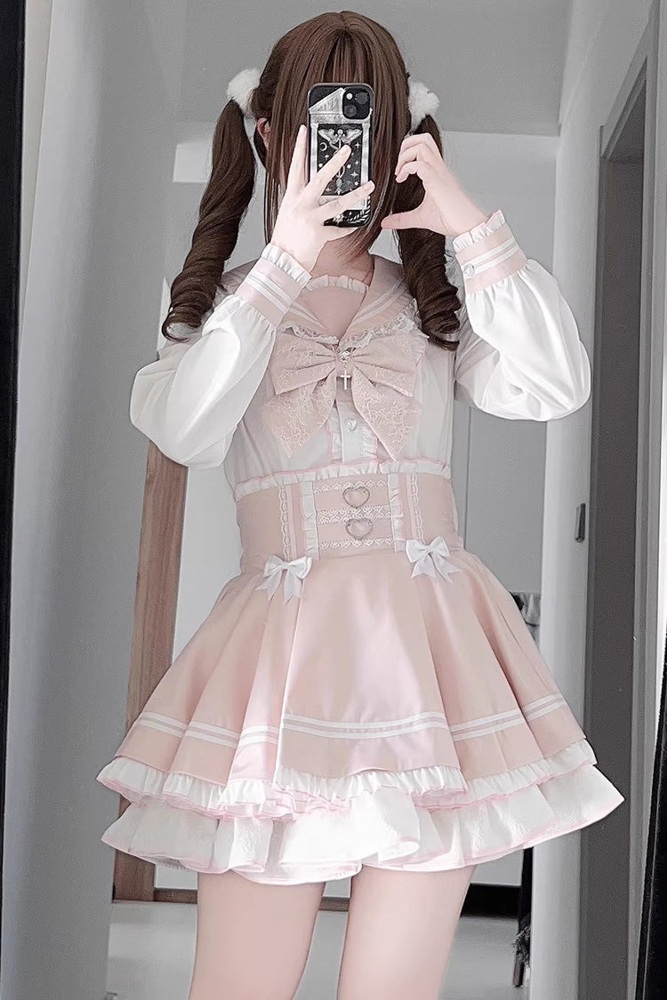 Navy Collar Long Sleeves Triple-Layered Ruffled Bow Sweet Jirai Kei Japanese Skirt Set
