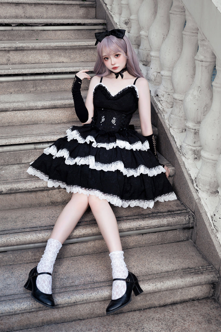 Black Triple-Layered Ruffle Embroidery Bow Gothic Lolita Jsk Dress