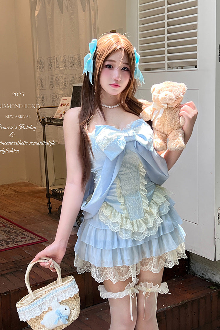 Blue Sleeveless Double-Layered Lace Sweet Lolita Skirt Set