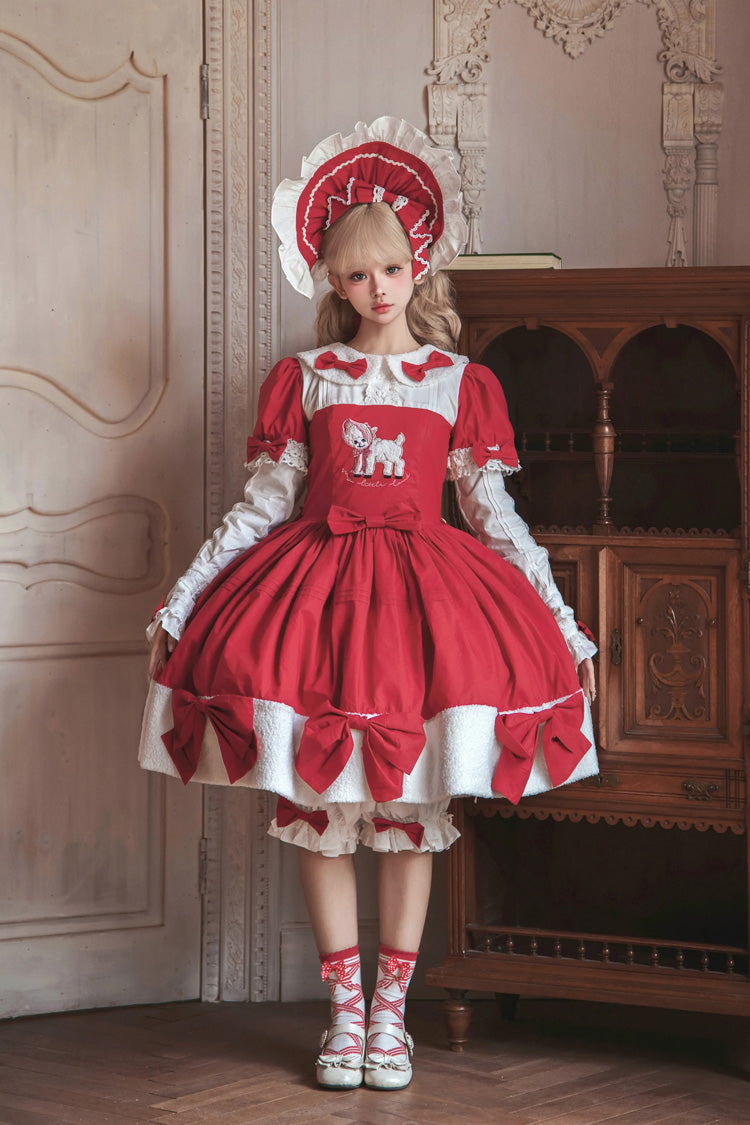 Crimson Shepherd Girl's Poem Doll Neck Short Sleeve Ruffled Bow Sweet Lolita Gown