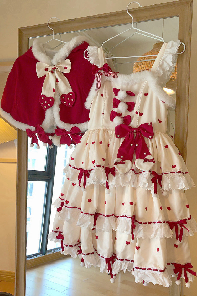 Crimson Apricot Triple-Layered Printed Ruffled Bow Lace Sweet Princess Lolita Dress with Cape