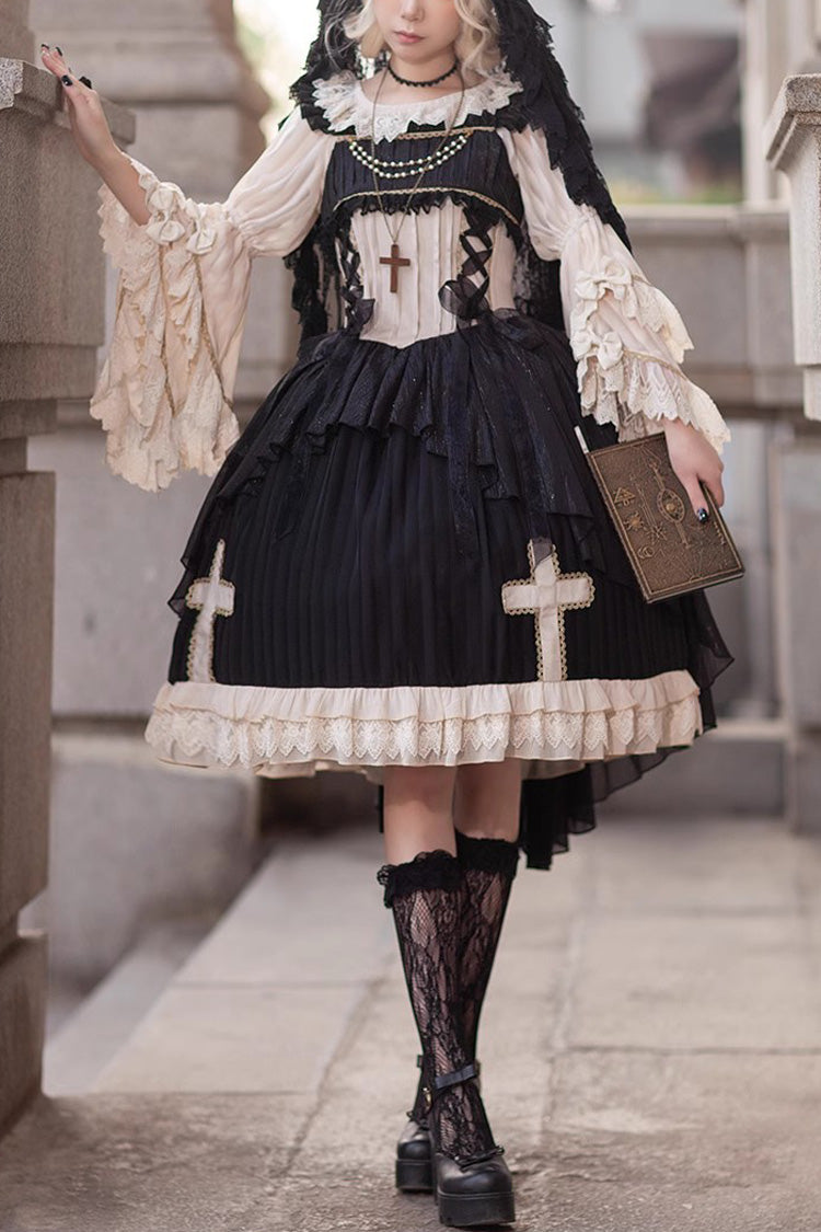 Black Gothic Lolita Dress with Cross Embroidery and Eternal Life Song Print