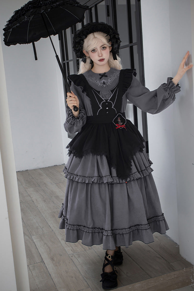 Gothic Ruffle Embroidered Long-Sleeve Dress in 2 Colors - Castle Night