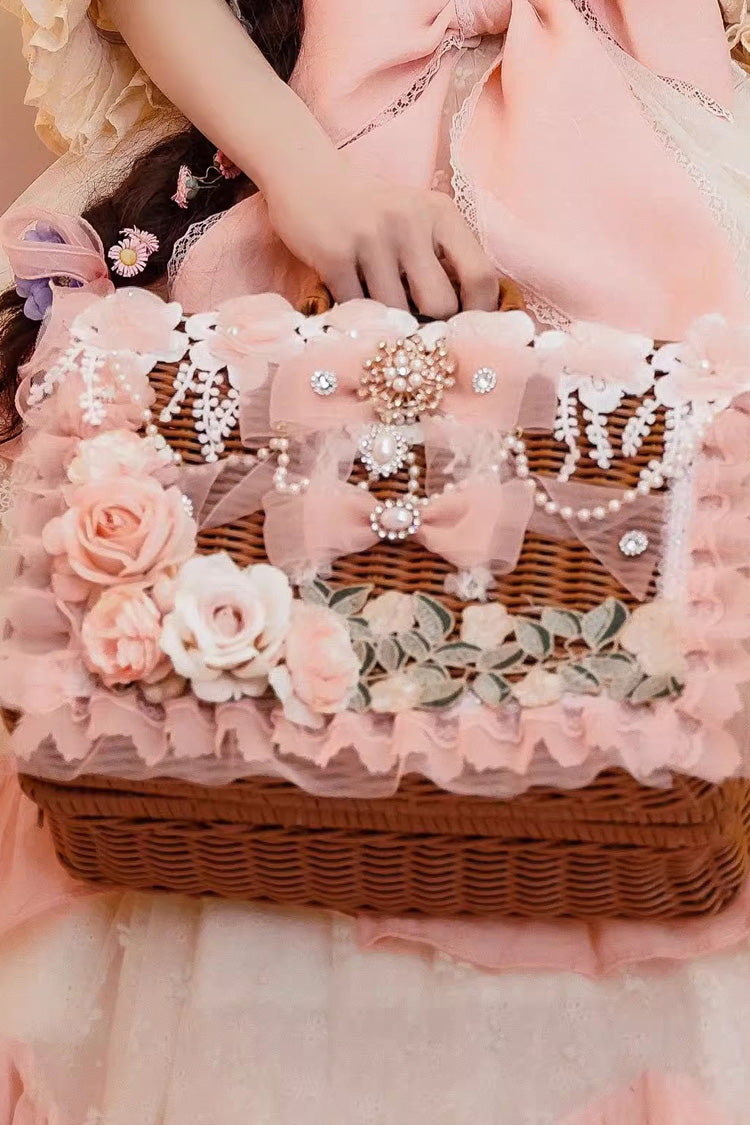 Rattan Flower Bowknot Tote Bag with Elegant Princess Lolita Charm, 2 Colors
