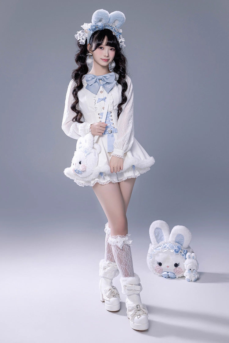 Ivory Ruffled Bow Lace-Up Japanese Dark Jirai Kei Plush Set