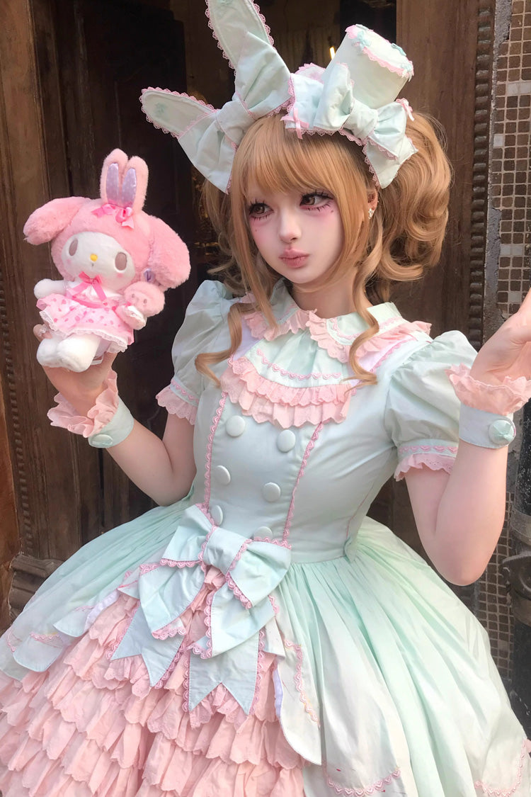Pink Green Honeydew Melon Short Sleeve Layered Ruffle Bow Sweet Dress