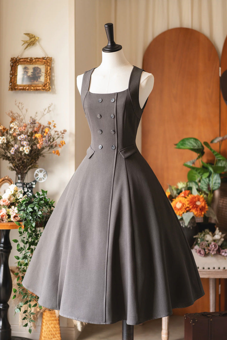 Classic Victorian Lolita JSK Dress with Ruffled Neckline, Sleeveless, Grey