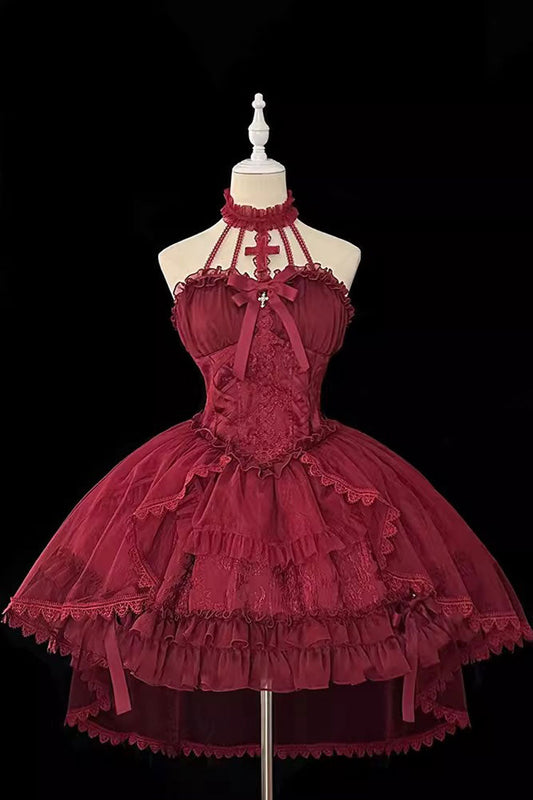 Wine Red Cross Halterneck Ruffle Bowknot Lace Lace-Up Gothic Dress