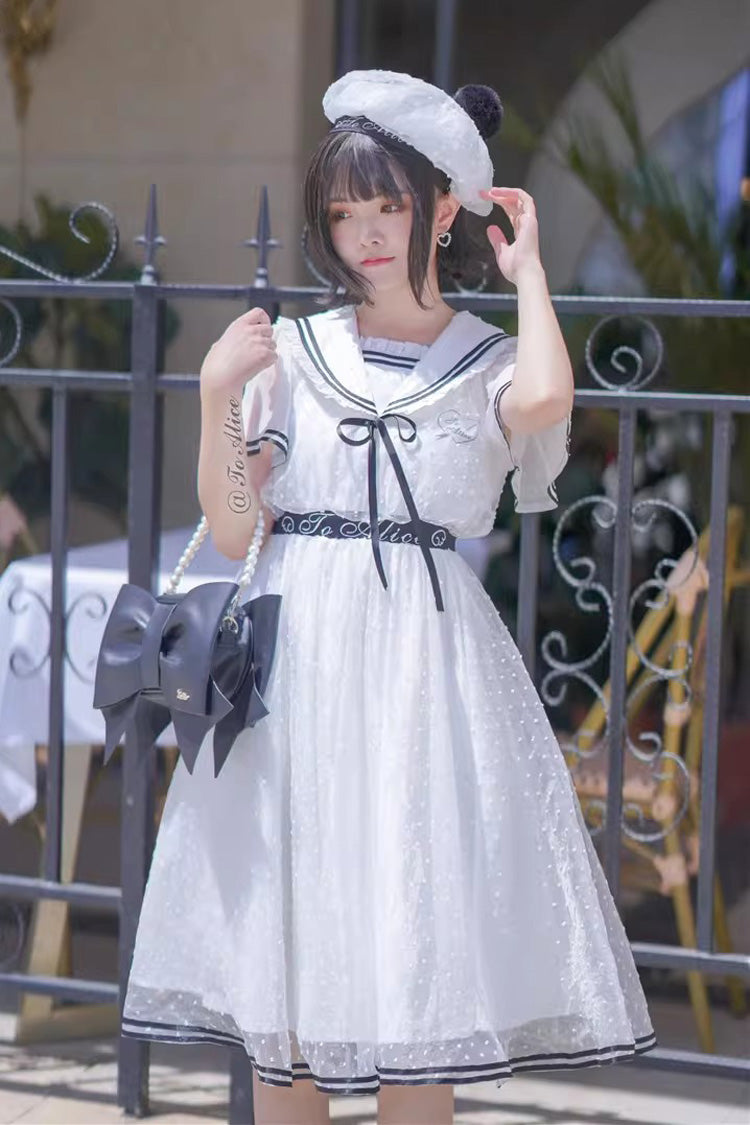 White Seaside Sweetheart Chiffon Navy Collar Short Sleeves Ruffled Lace-Up Slim Sailor Sweet Dress