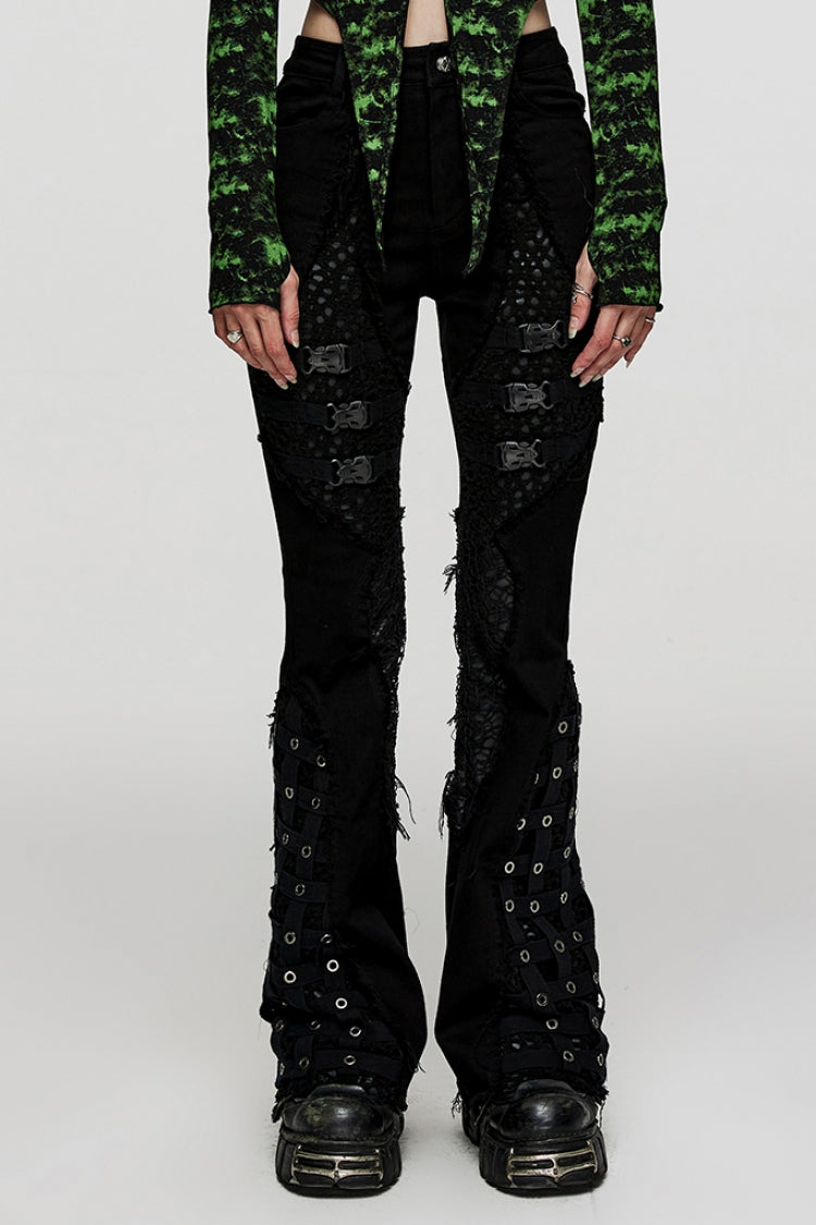 Punk Flared Pants with Eye Buckle & Unedged Cutout Design for Women