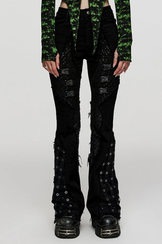 Punk Flared Pants with Eye Buckle & Unedged Cutout Design for Women