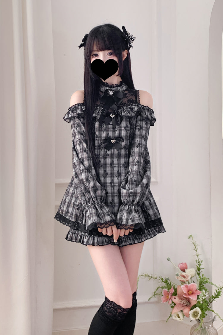 Sweet Off Shoulder Halterneck Long Sleeve Ruffled Bow Lace Jirai Kei Dress Shorts Set
