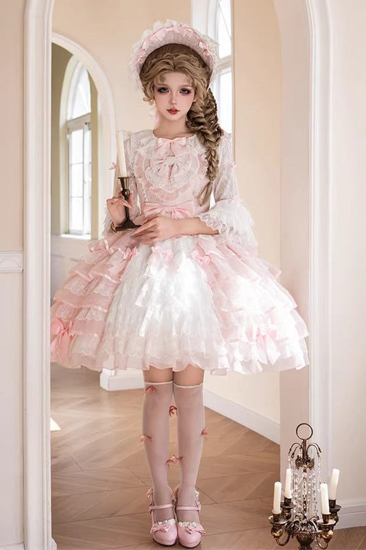 Pink Cherry Blossom Letter Sleeveless Multi-Layered Ruffled Embroidered Open-Front Bow Gorgeous Sweet Jsk Dress