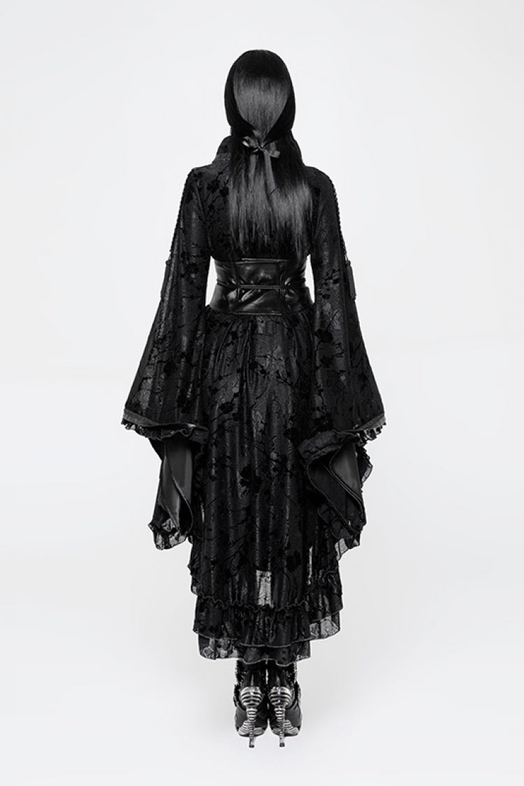 Black Long Sleeves Printed Ruffle Gothic Kimono Dress
