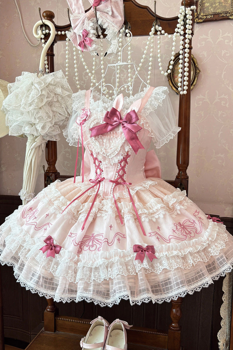 Blush Flutter-Sleeve Embroidered Square Neck Ruffled Lolita JSK - Sweetheart Bunny