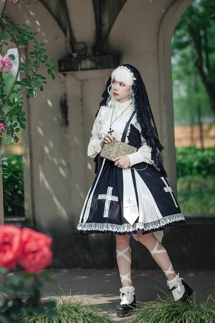 Black Gothic Lolita Dress with Cross Print and Ruffled Sleeveless
