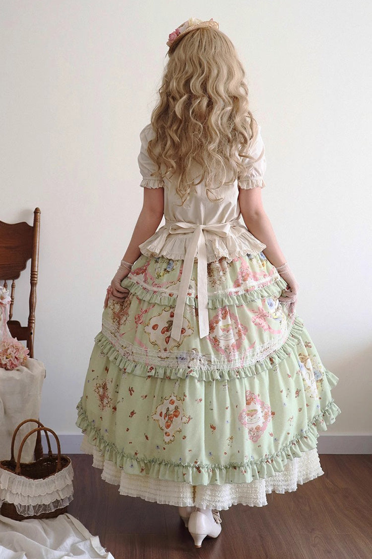 Green Cat Rose Tea Print Daily Sweet Lolita Skirt