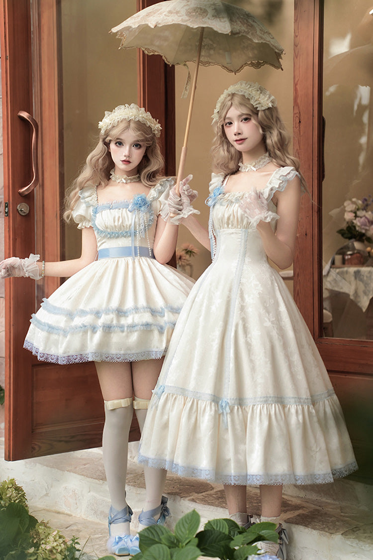 Ivory Square Collar Flutter Sleeve Ruffle Fishbone Sweet Long Jumper - Sea Salt Iced Tea