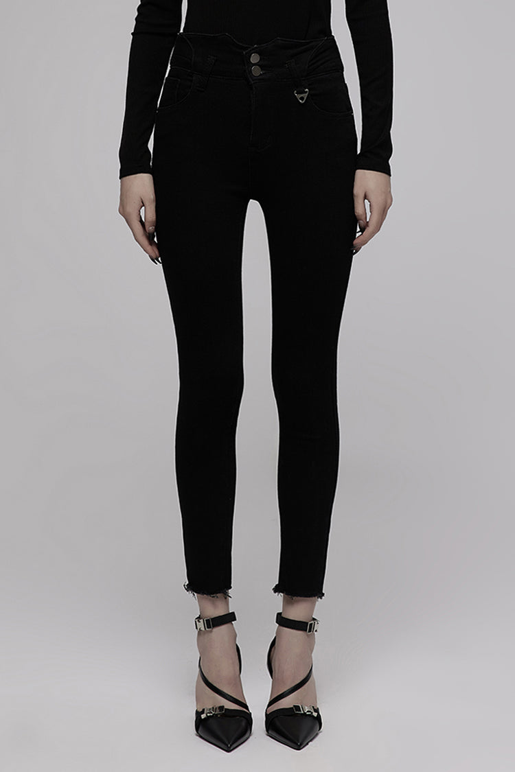 Punk Denim Pants with Metal Decor and Crossed Straps
