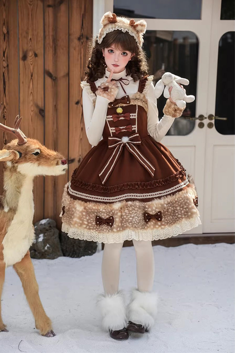 Brown Hazelnut Moose Sleeveless Ruffled Bow Plush Sweet Jsk Dress
