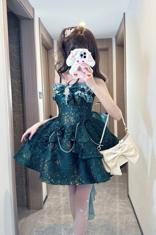 Halterneck Pearl-Adorned Ruffled Princess JSK Dress in 2 Colors - Cosmic Shimmer