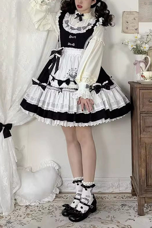 Monochrome Alice-Inspired Sweet Lolita JSK with Ruffled Square Collar