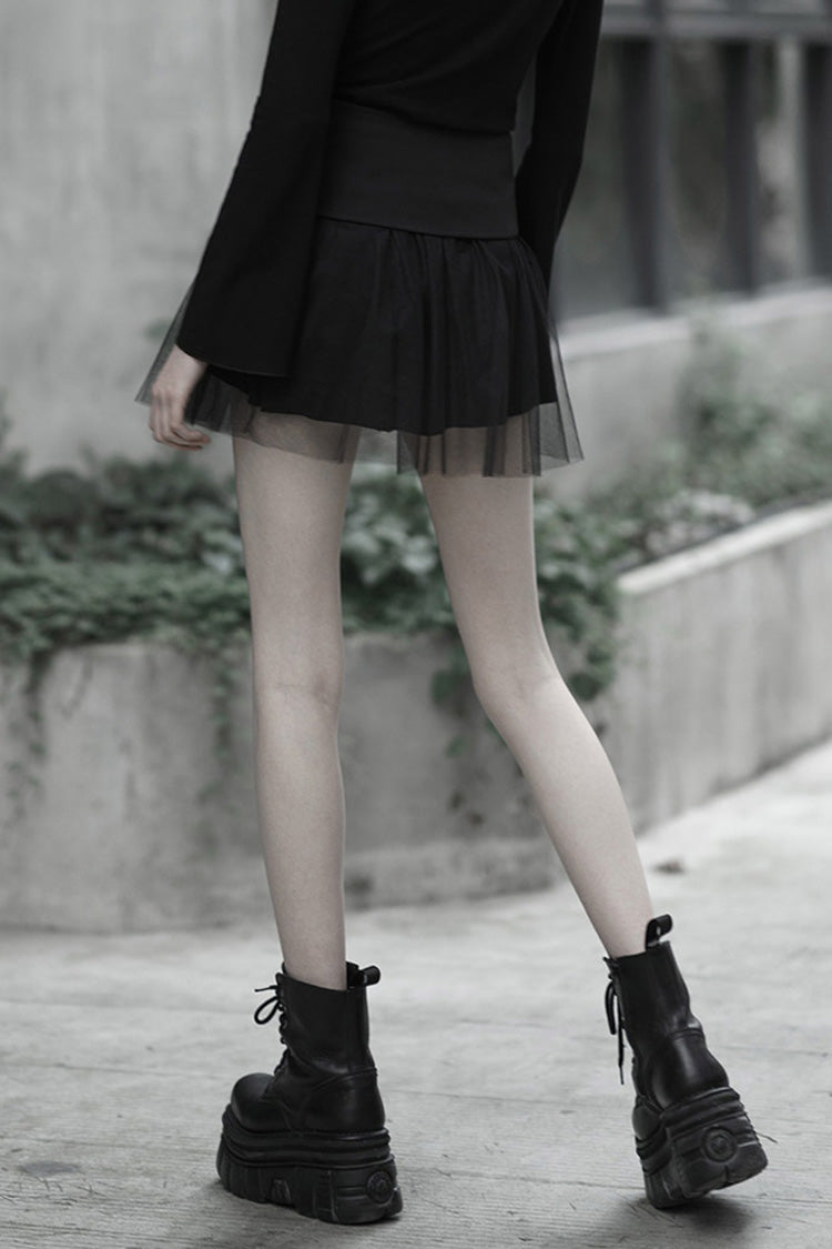 Steampunk High-Waist Skirt for Her with Mesh Plaid Binding