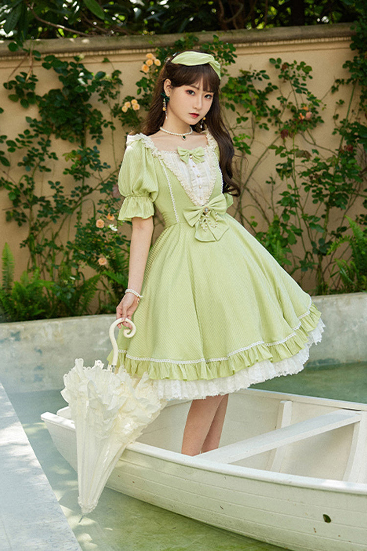 Solid Color Short-Sleeved Ruffled Bowknot Sweet OP