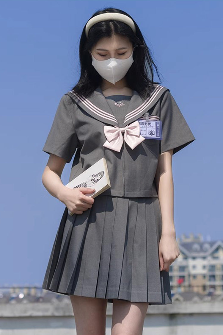 Ash Navy-Collar School Pleated Skirt