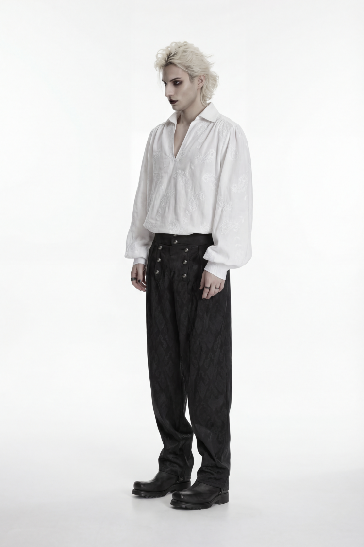 Ivory Embroidered Gothic Shirt with Lantern Sleeves and Print