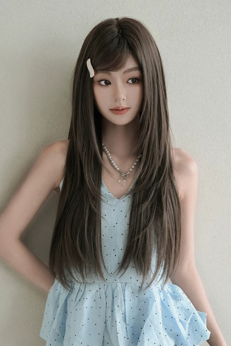 Fluffy Layered Straight Lolita Wig with Air Bangs - Cool Brown