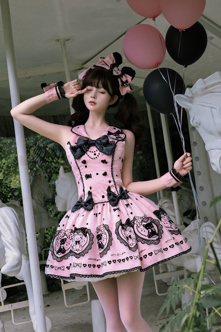 Pink Halter Sleeveless Embroidered Bow Lolita Gown - Sugar Bear