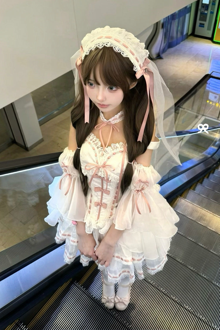 White Little Love Song Detachable Trumpet Sleeve Bow Lace Top Skirt Set