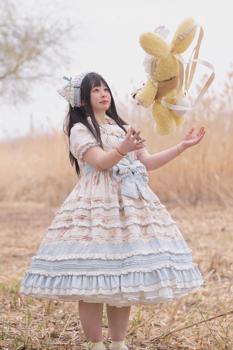Harvest Bear Print Short Sleeve Layered Ruffle Bow Plus Size Lolita Gown