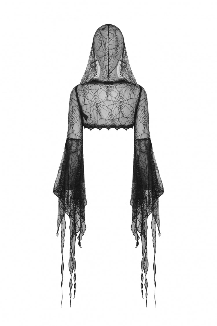Midnight Spider Web Hooded Cape with Flared Lace-Up Sleeves - Gothic Sheer