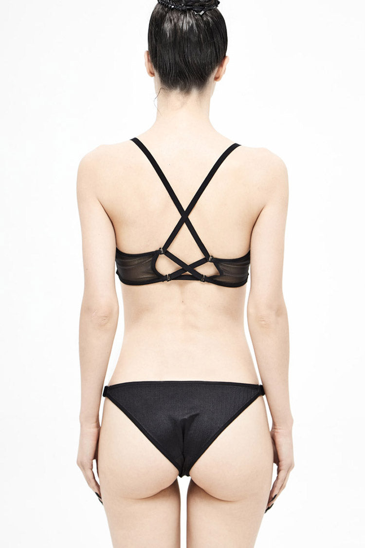 Noir Punk Swimsuit with Bat Motif and Mesh Panels