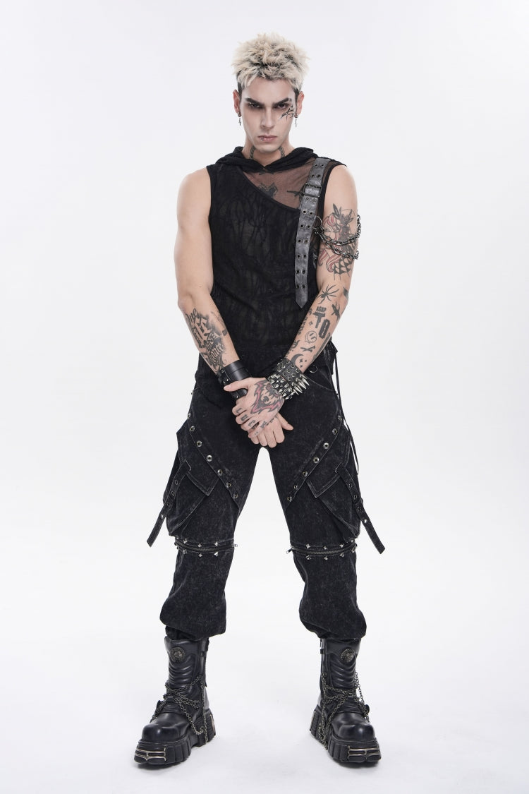 Men's Punk Hooded Vest with Sheer Asymmetric Chain-Decorated Design
