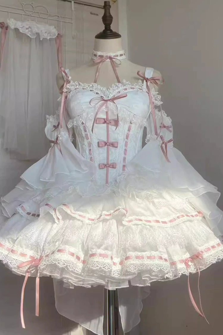 White Little Love Song Detachable Trumpet Sleeve Bow Lace Top Skirt Set